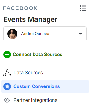 image showcasing the Facebook custom conversions menu option under event manager